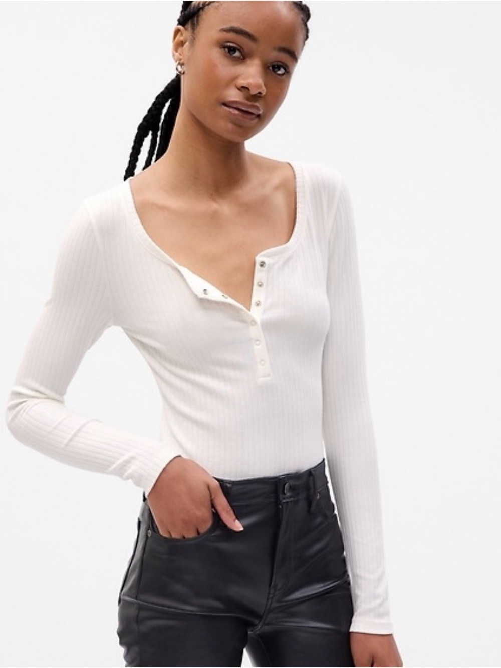 GAP White Modern Rib Long-Sleeve Henley Bodysuit Small